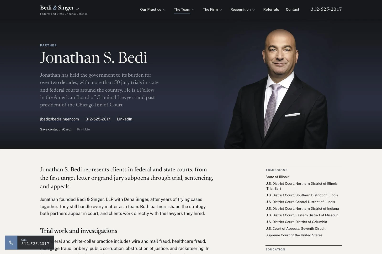 Jonathan S. Bedi profile on the Bedi & Singer LLP website